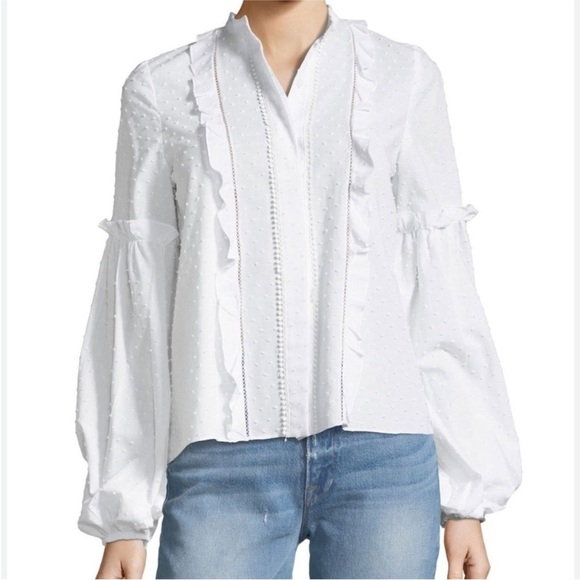 Alexis Dobby White Swiss Dot Ruffle Button Up Long Balloon Sleeve Blouse Top XS - Picture 1 of 17